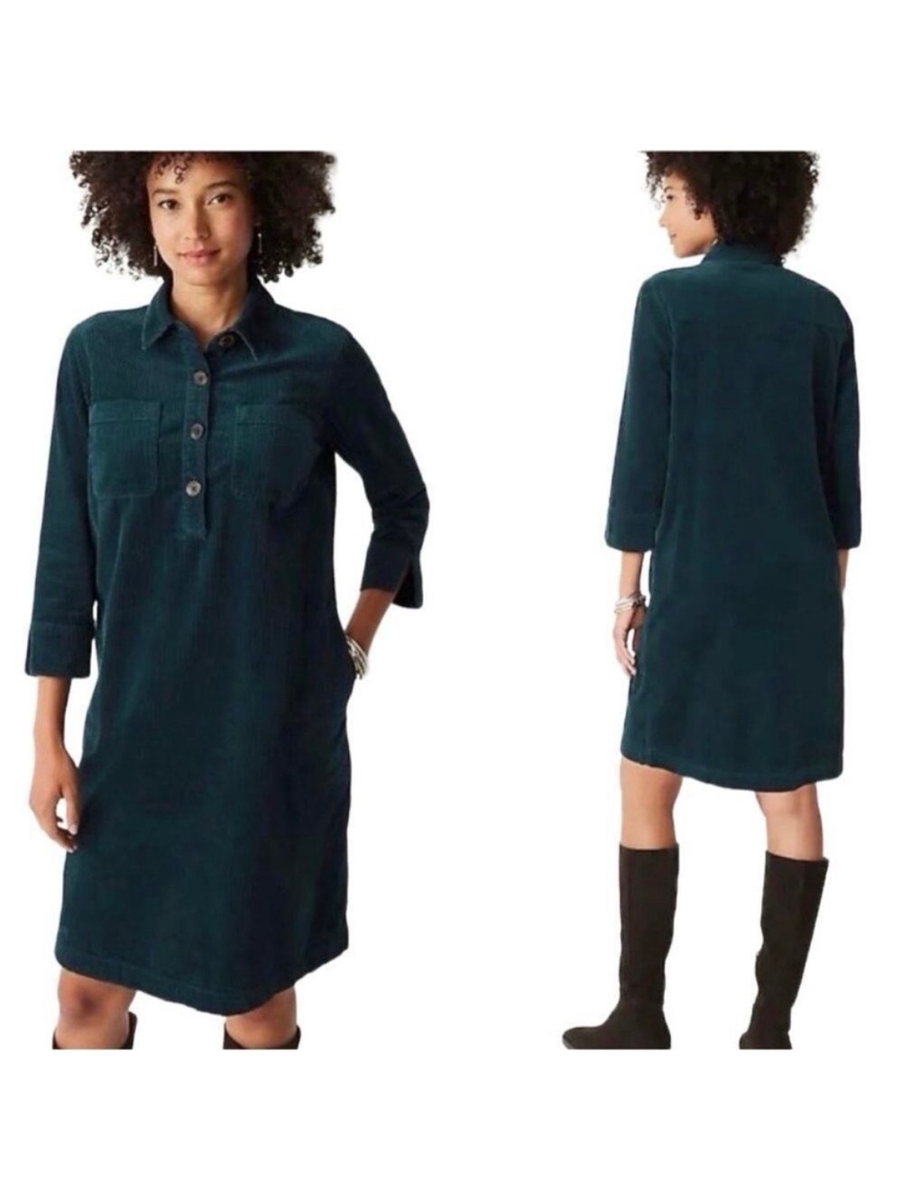 J. Jill Corduroy Shirt Dress 3/4 Sleeve Peacock Green M